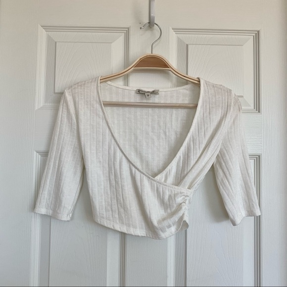 Express Ivory White Ribbed V-Neck Surplice Wrap Crossover Cropped Top - Picture 2 of 5